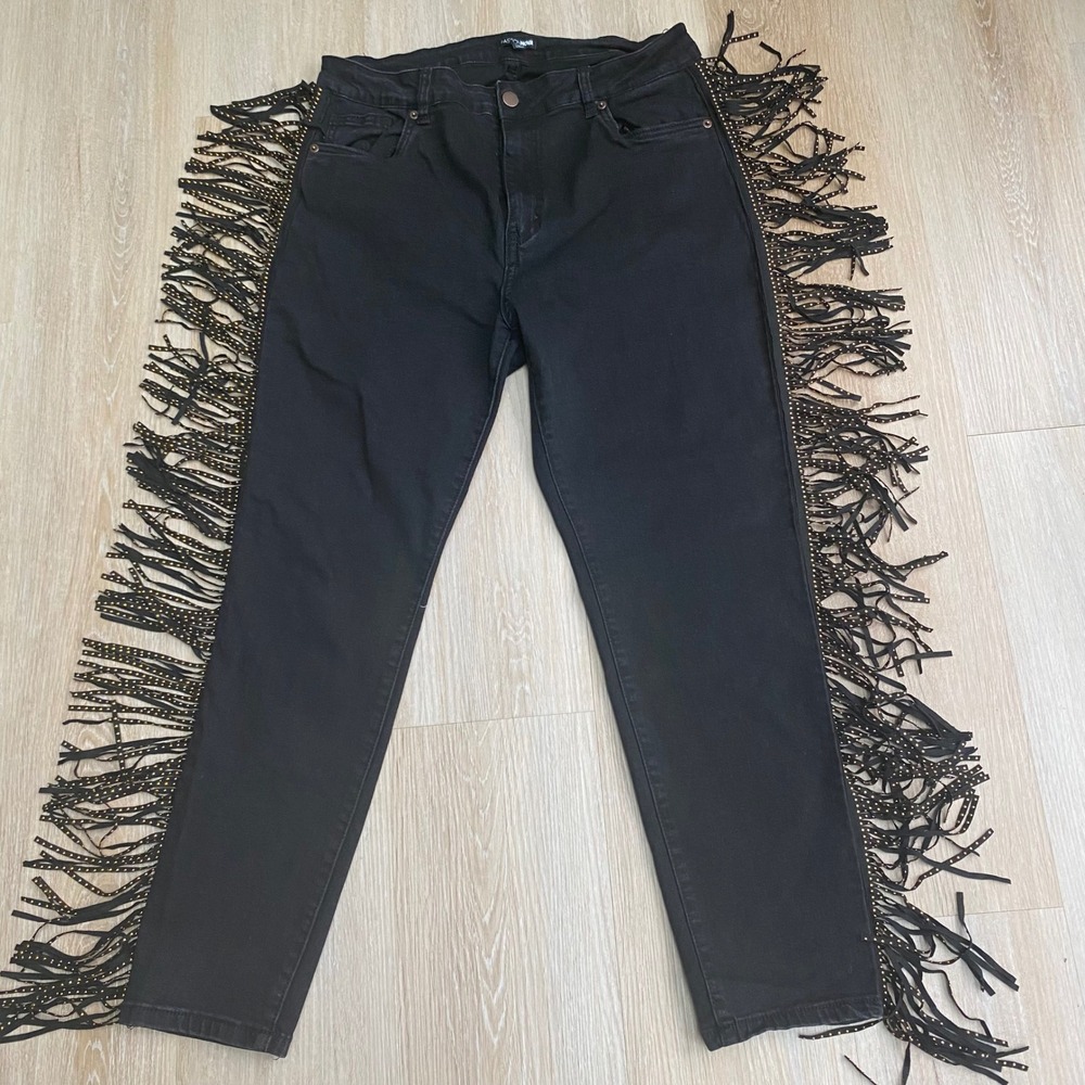 Fashion Nova Black Studded Fringe Side Jeans Plus Size 1X Western Festival Denim